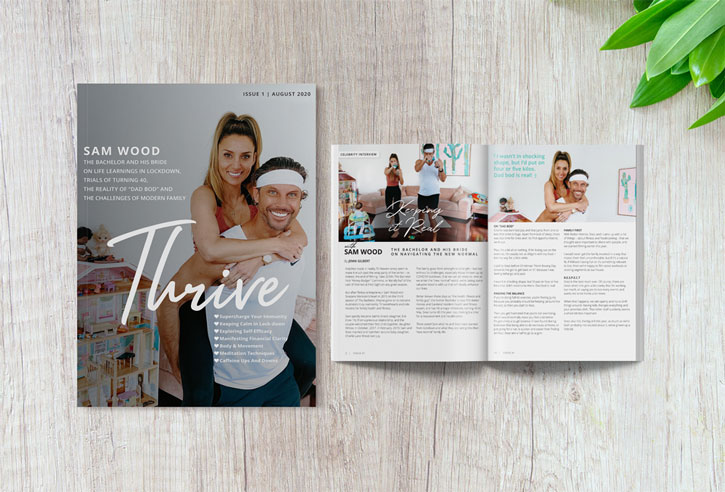 Front cover and page spread of Thrive Magazine Issue #1 - Health and Wellness Magazine